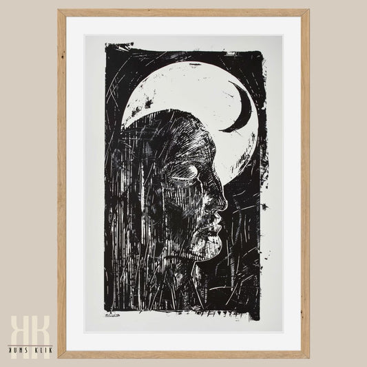 Black and White Etching Figure in the Night with Moon