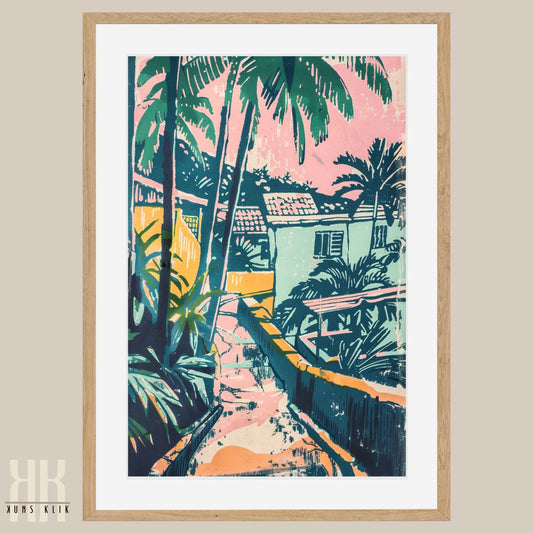 Sunset Glow Tropical Print – Retro Beachside Cottages & Bold Palms
