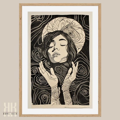Black and White Lino Cut Etching Woman and Moon
