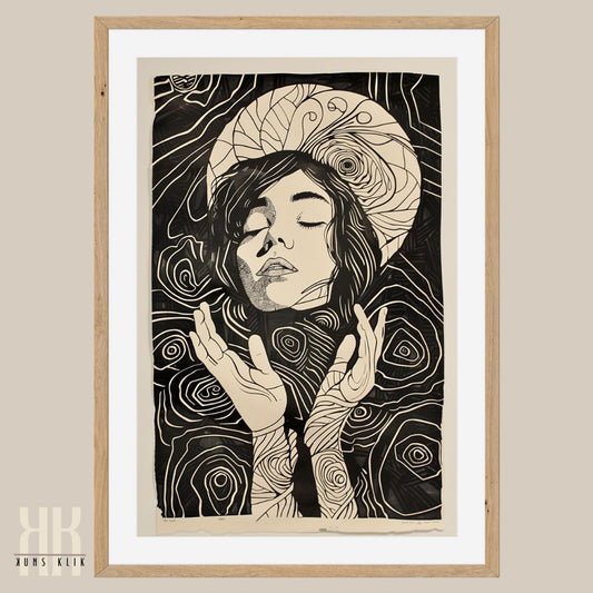 Black and White Lino Cut Etching Woman and Moon