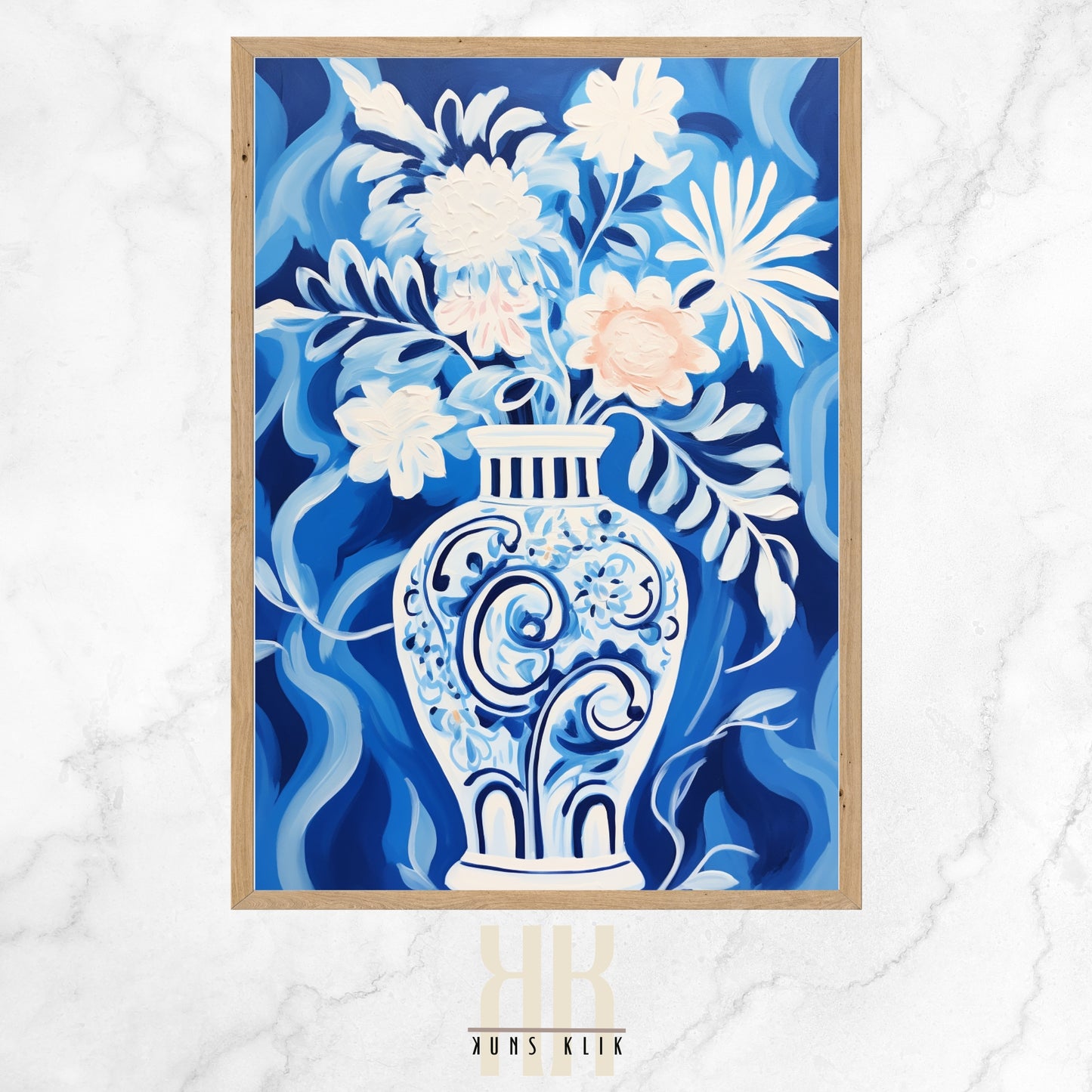 Blue and white contemporary painting of a floral arrangement in a blue and white patterned vase, set against a gradient blue background, using a bold graphic style with expressive brushstrokes.