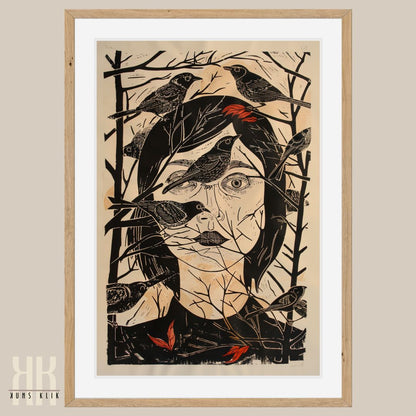 Woman among Trees and Birds Dark Academia Art