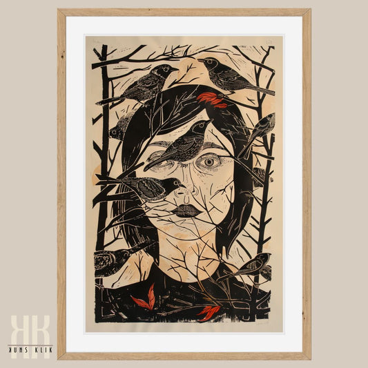 Woman among Trees and Birds Dark Academia Art