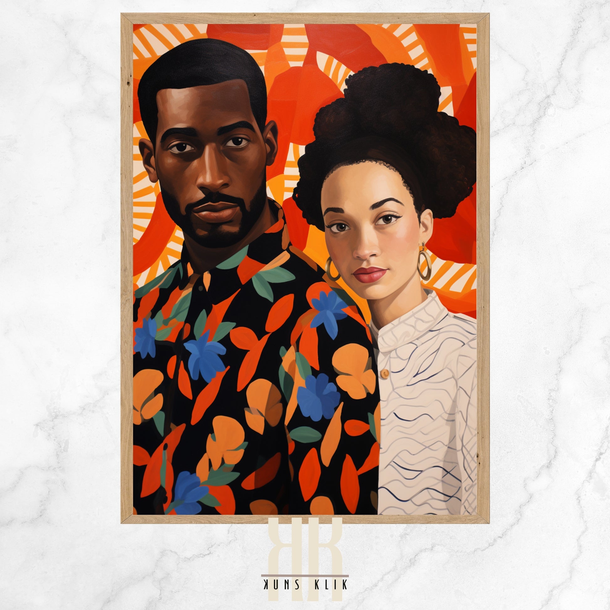 African couple in bold colourful pattern print clothing on a bold colourful patterned backgroun