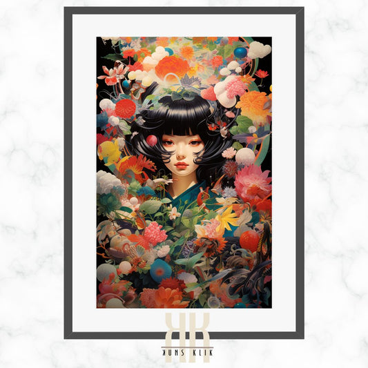 Geisha in Floral Pattern Oriental Art