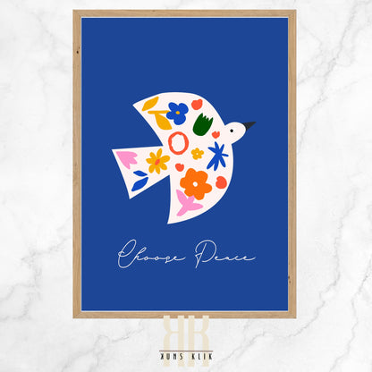  The image features a stylized white dove in profile against a deep blue background, filled with a colorful array of simple floral and leaf shapes in shades of pink, yellow, red, orange, and blue. The dove is a symbol of peace, and this message is reinforced by the phrase "Choose Peace" in elegant cursive script below the graphic. The artwork has a contemporary feel with its flat colors and minimalist design, evoking a sense of calm and positivity.