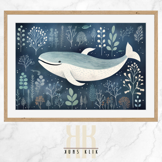 Digital illustration of a blue whale in a folk art style, surrounded by marine plant life and small fish, set against a navy blue background with a whimsical and serene underwater scene.