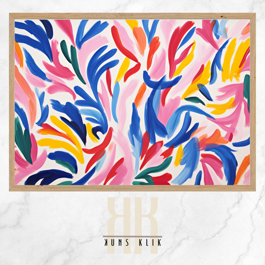  The artwork is a Matisse-style painting featuring a loose, abstract pattern of leaf shapes in a variety of pastel and vibrant hues against a white background. The brushstrokes are visible, giving a textured and dynamic feel to the composition. The color palette includes shades of blue, pink, orange, and yellow, creating a cheerful and lively atmosphere. The overall effect is reminiscent of a breezy, spring day.