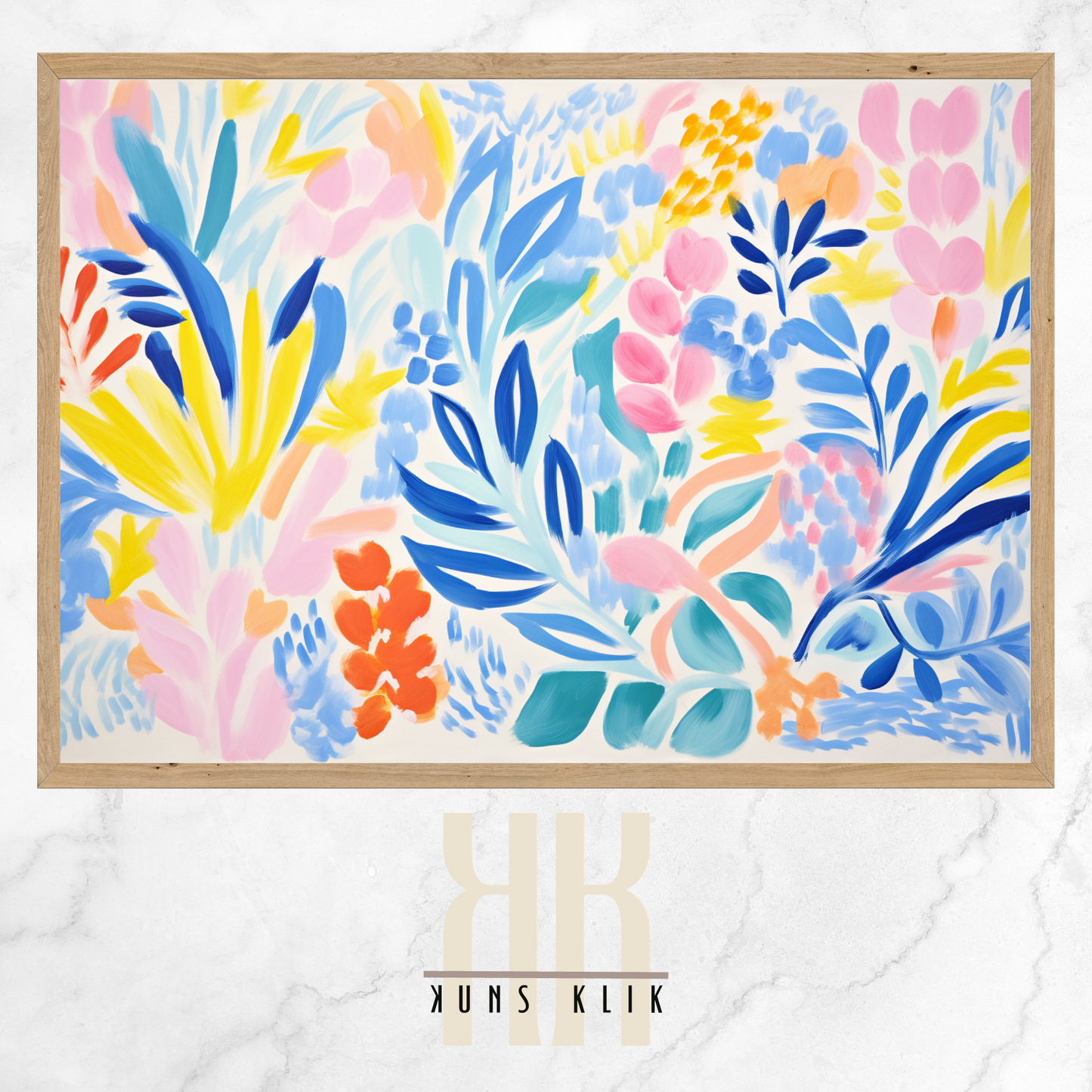  The artwork is a Matisse-style painting featuring a loose, abstract pattern of leaf shapes in a variety of pastel and vibrant hues against a white background. The brushstrokes are visible, giving a textured and dynamic feel to the composition. The color palette includes shades of blue, pink, orange, and yellow, creating a cheerful and lively atmosphere. The overall effect is reminiscent of a breezy, spring day.