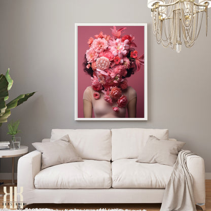 Woman Flower Bouquet Head Feminine Wall Art - Pink 11