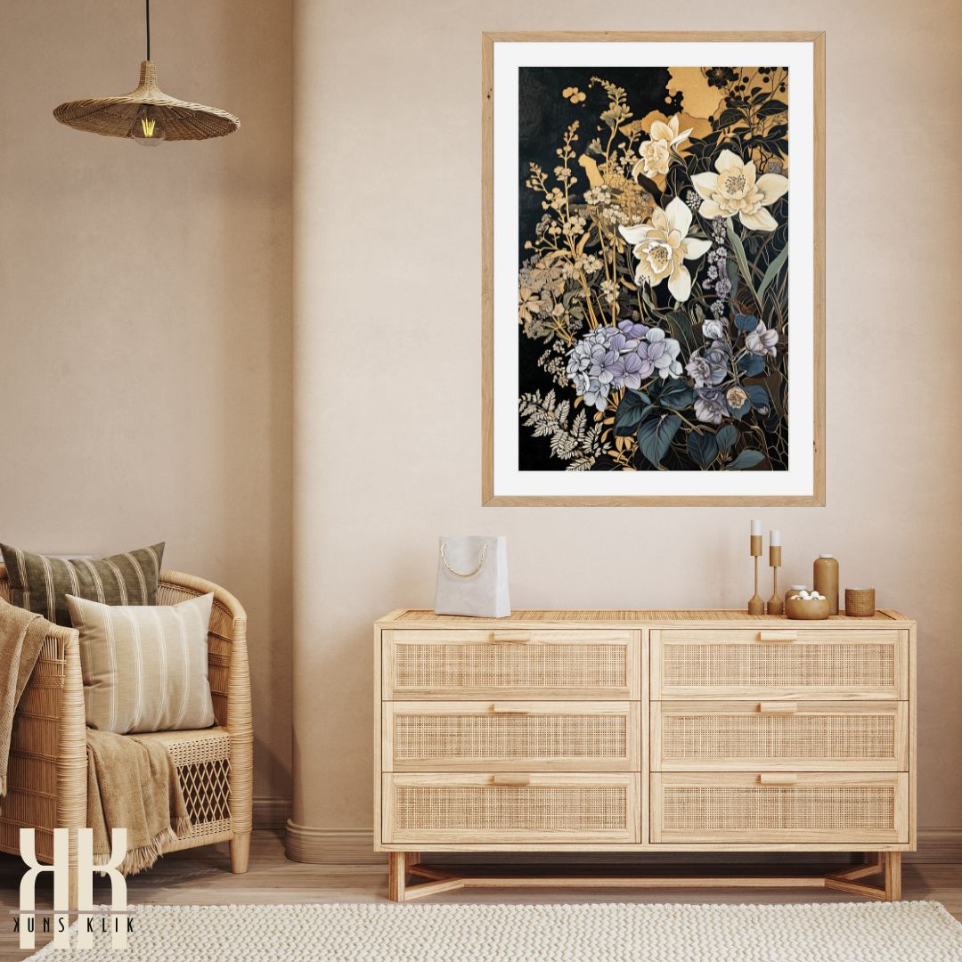 Floral Art Deco Black Gold Wall Art Print