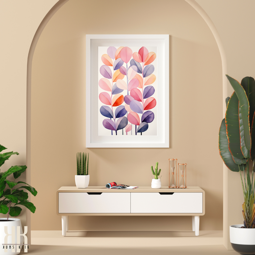 Abstract Botanical Watercolour Art Pink and Purple Leaves Print