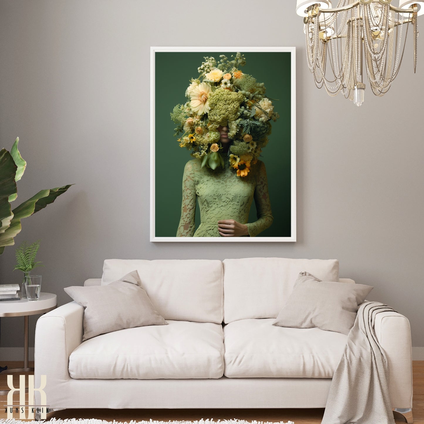 Woman Flower Bouquet Head Feminine Wall Art - Green 4