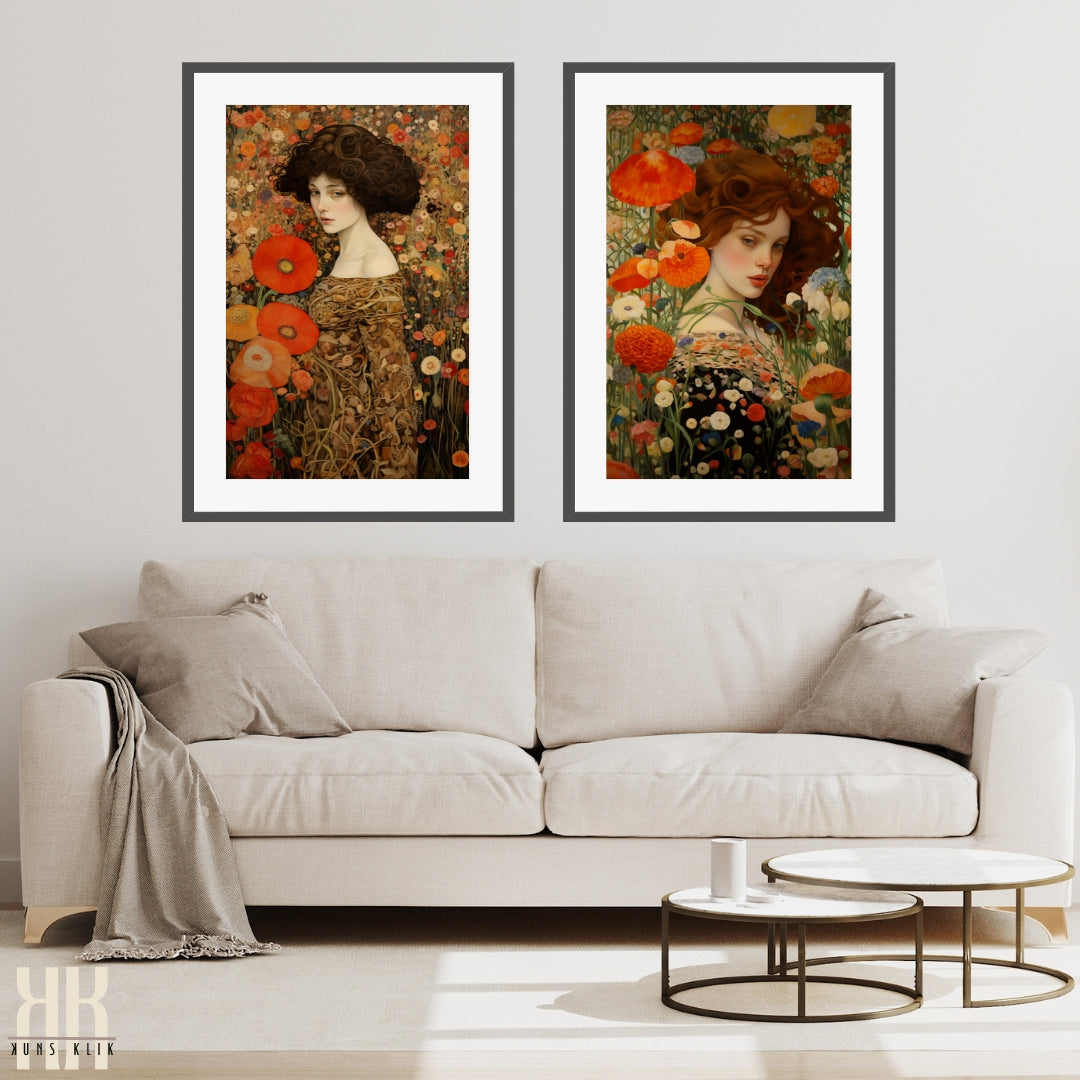 Elegant Art Nouveau Floral Portraits of Women Print