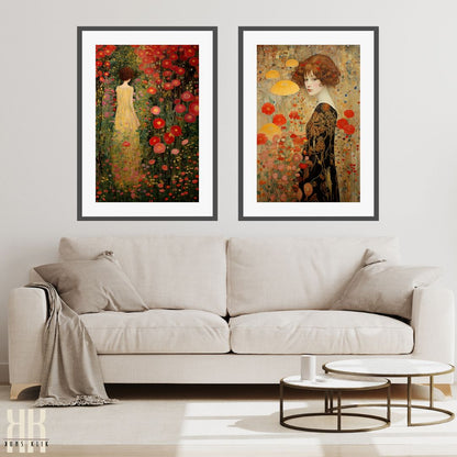 Gustav Klimt Inspired Woman in Vibrant Flower Landscape Print