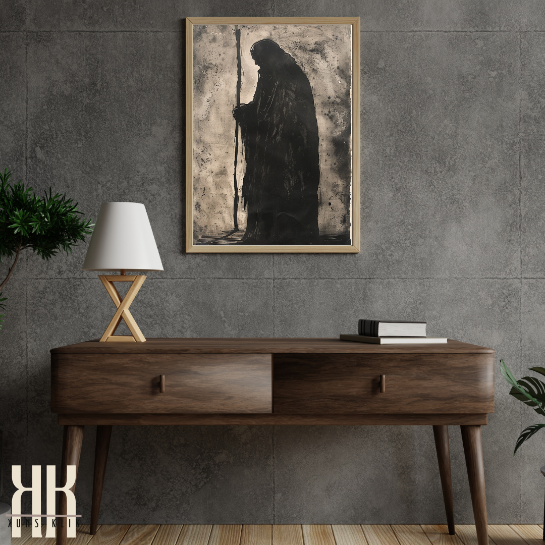 Lone Hooded Figure on a Journey Dark Charcoal Art