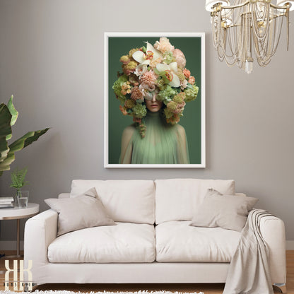 Woman Flower Bouquet Head Feminine Wall Art - Green 12