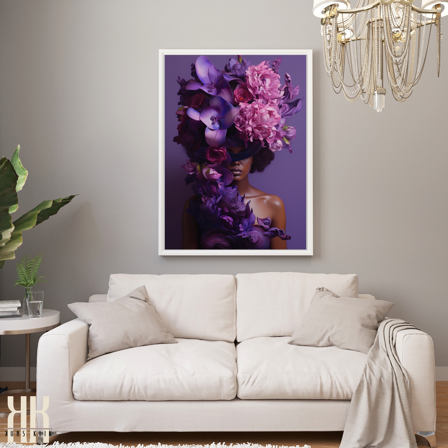 Woman Flower Bouquet Head Feminine Wall Art - Purple 4