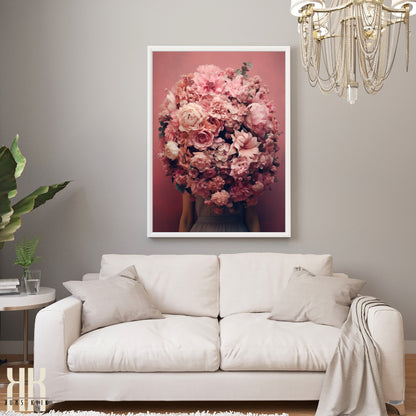 Woman Flower Bouquet Head Feminine Wall Art - Pink 1