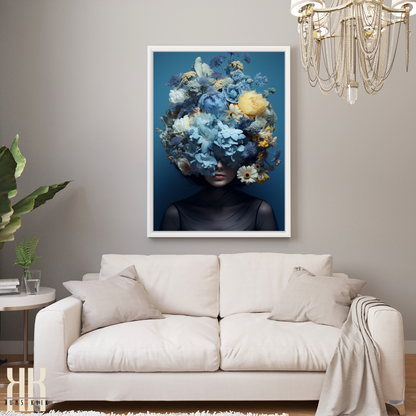 Woman Flower Bouquet Head Feminine Wall Art - Blue 6