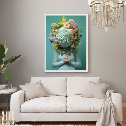 Woman Flower Bouquet Head Feminine Wall Art - Turquoise 11