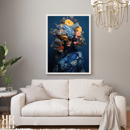 Woman Flower Bouquet Head Feminine Wall Art - Blue 4