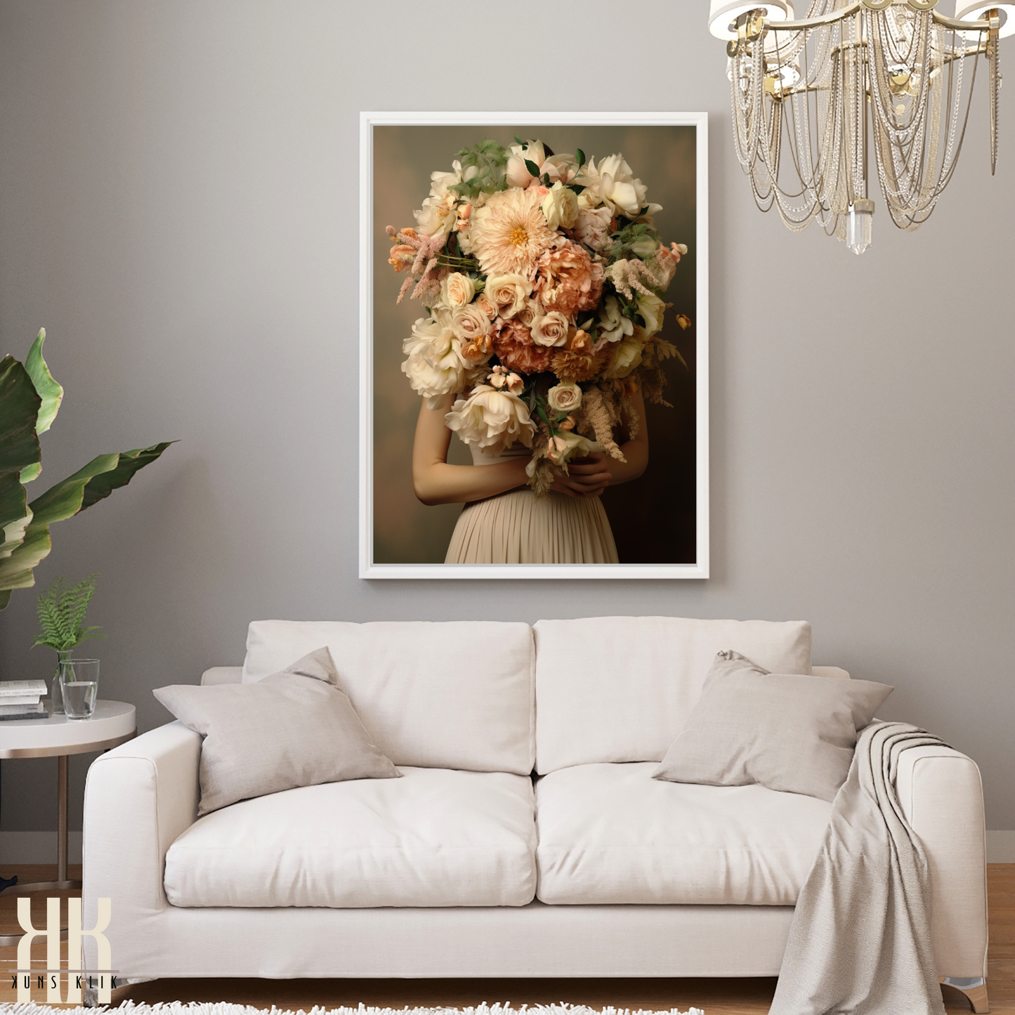 Woman Flower Bouquet Head Feminine Wall Art - Beige 5