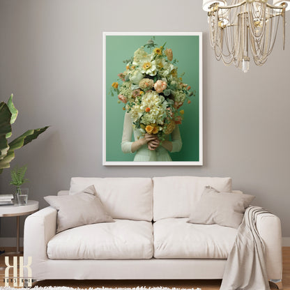 Woman Flower Bouquet Head Feminine Wall Art - Green 5