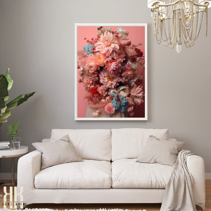 Woman Flower Bouquet Head Feminine Wall Art - Pink 7