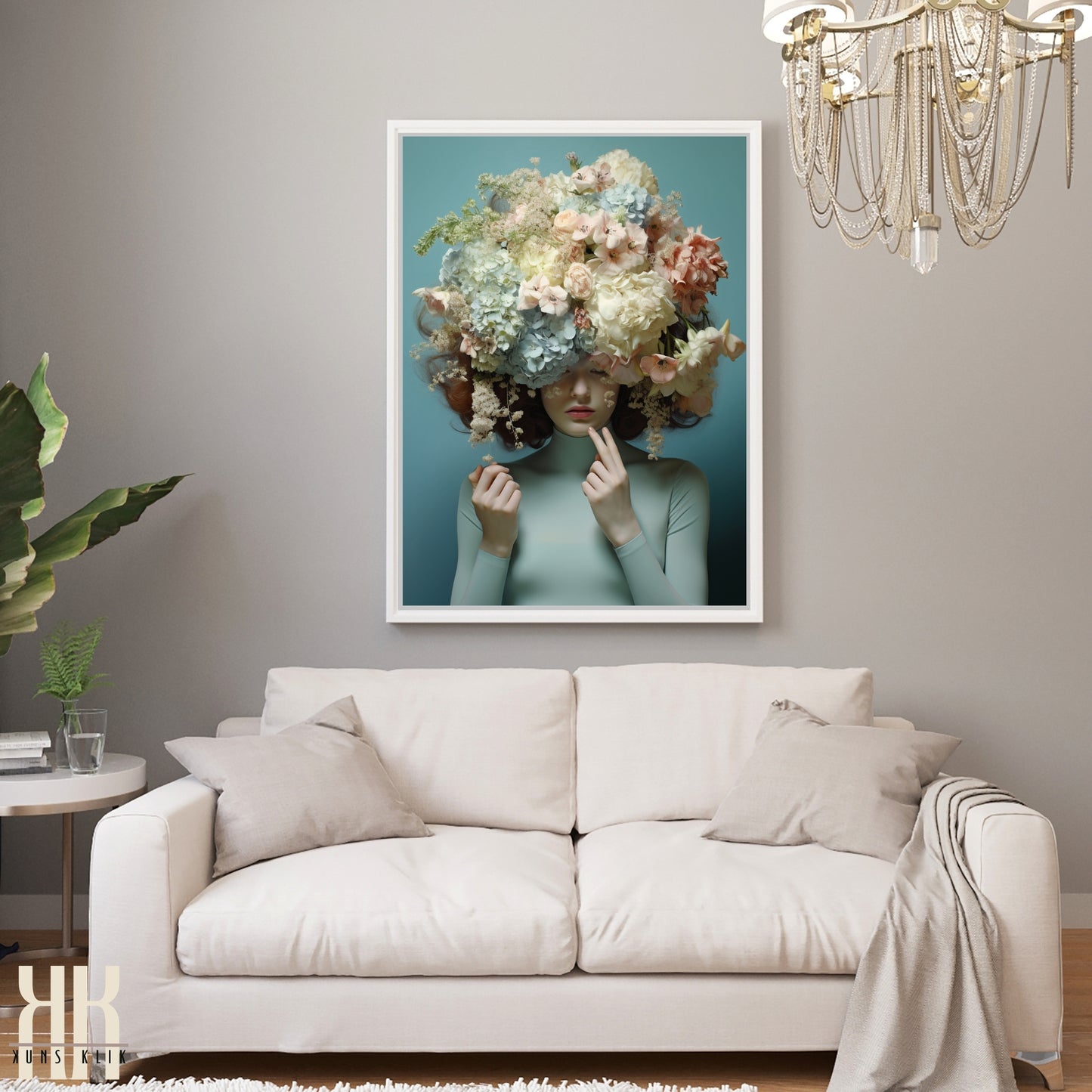 Woman Flower Bouquet Head Feminine Wall Art - Turquoise 8