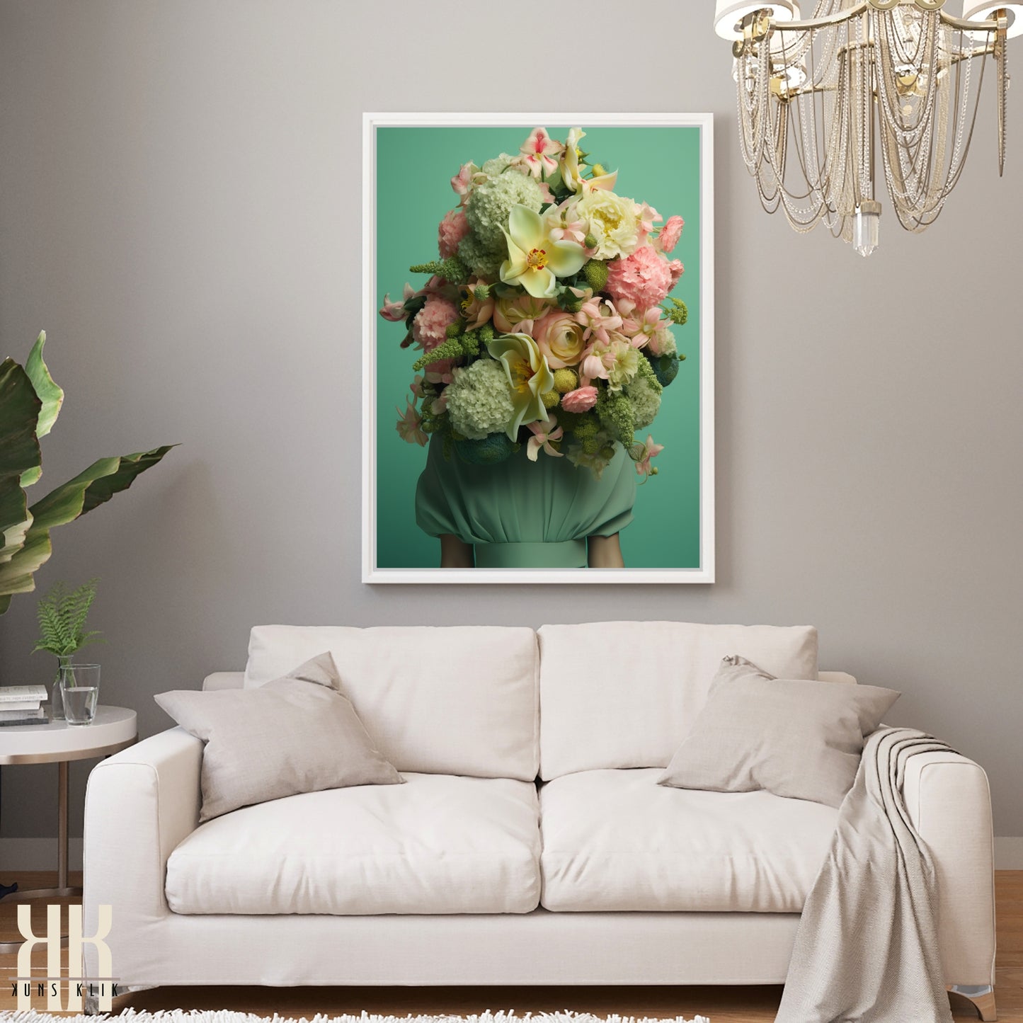 Woman Flower Bouquet Head Feminine Wall Art - Green 11