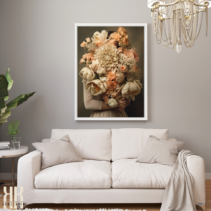 Woman Flower Bouquet Head Feminine Wall Art - Beige 8