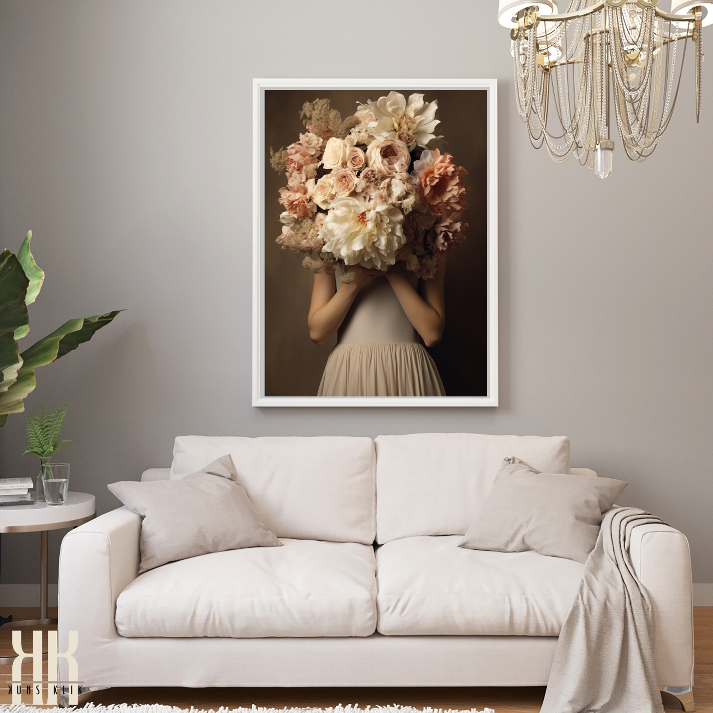 Woman Flower Bouquet Head Feminine Wall Art - Beige 3