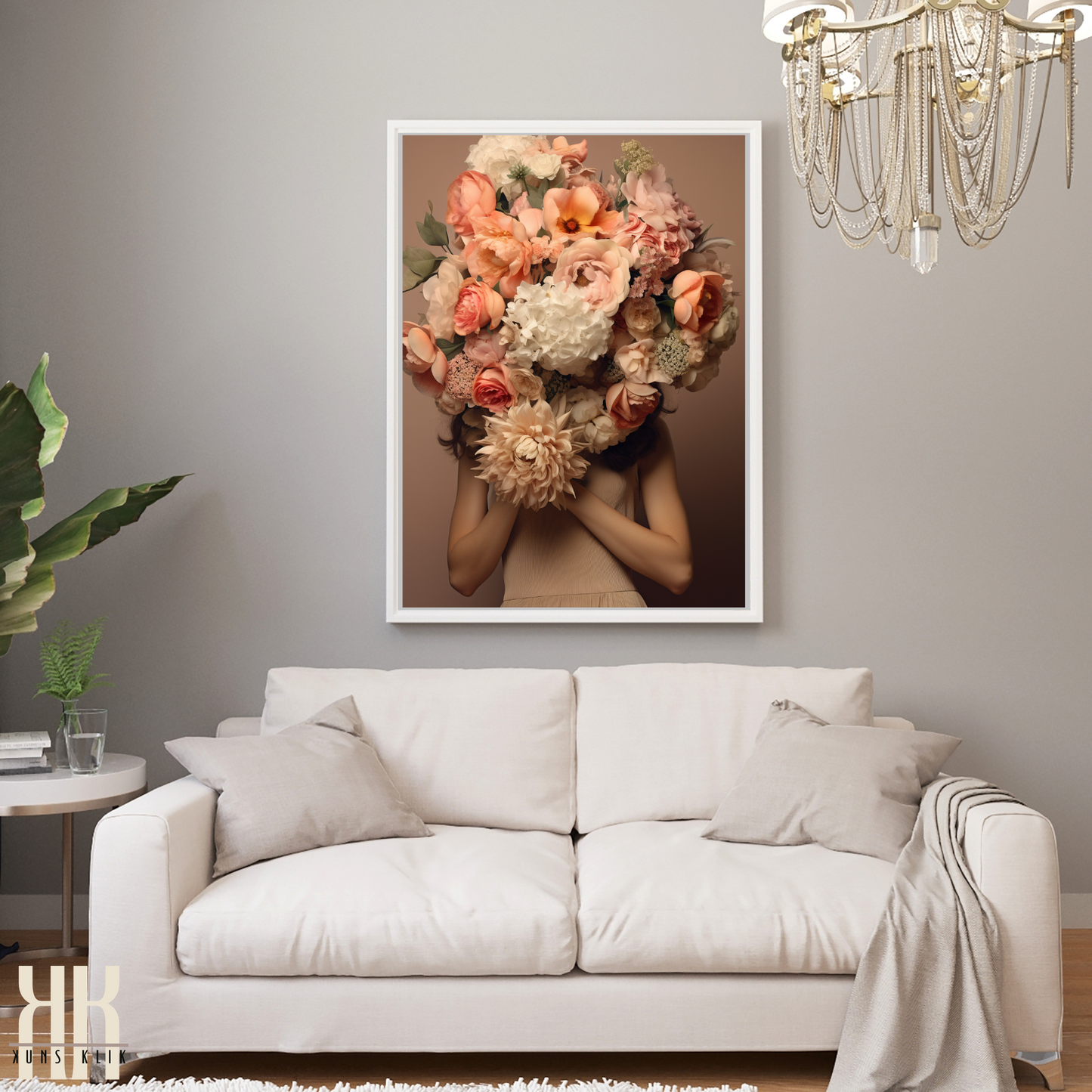 Woman Flower Bouquet Head Feminine Wall Art - Beige 4