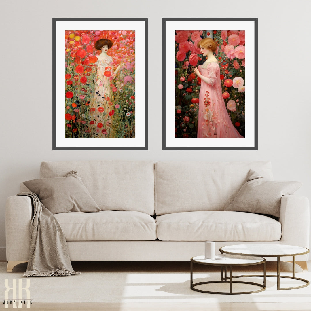 Romantic Female Figure in Floral Landscape Canvas Print