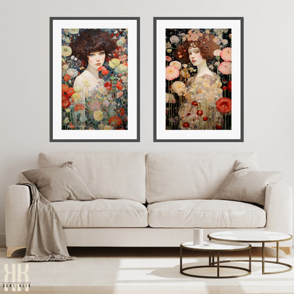 Abstract Flower Garden and Woman Portrait Art Print