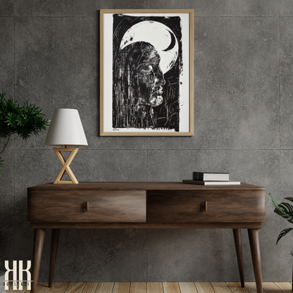 Black and White Etching Figure in the Night with Moon