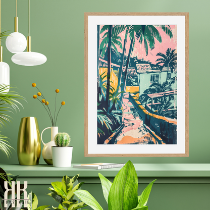 Sunset Glow Tropical Print – Retro Beachside Cottages & Bold Palms