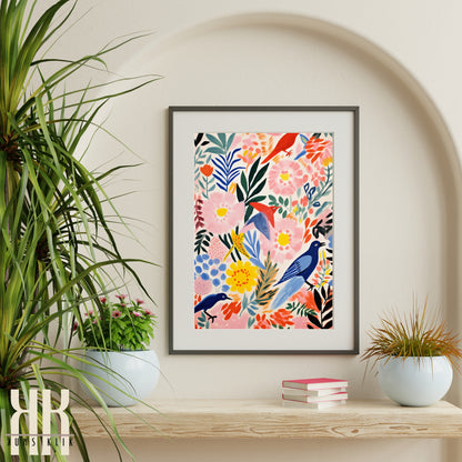 Bright Bold Birds on Botanical Background Art - 12