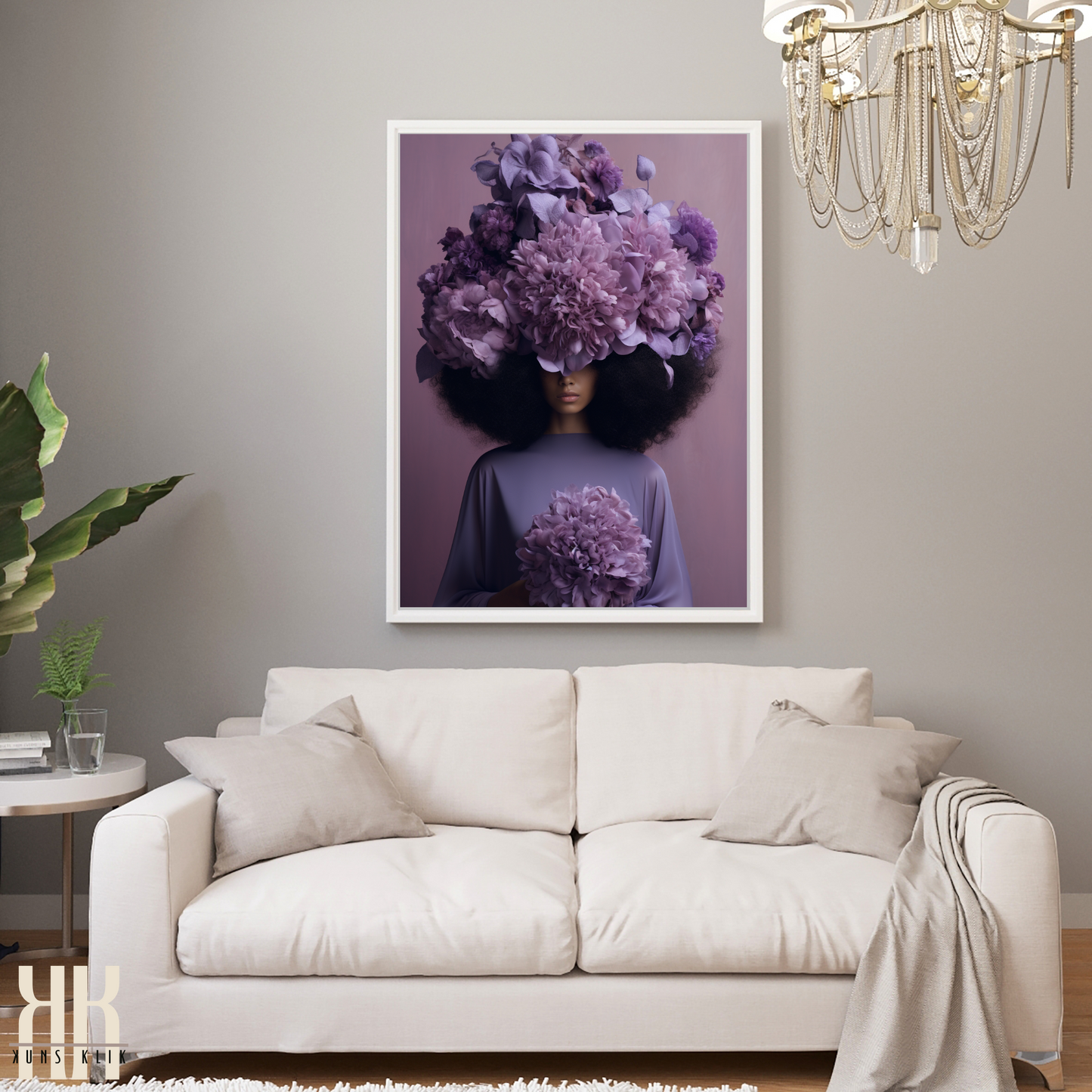 Woman Flower Bouquet Head Feminine Wall Art - Purple 5