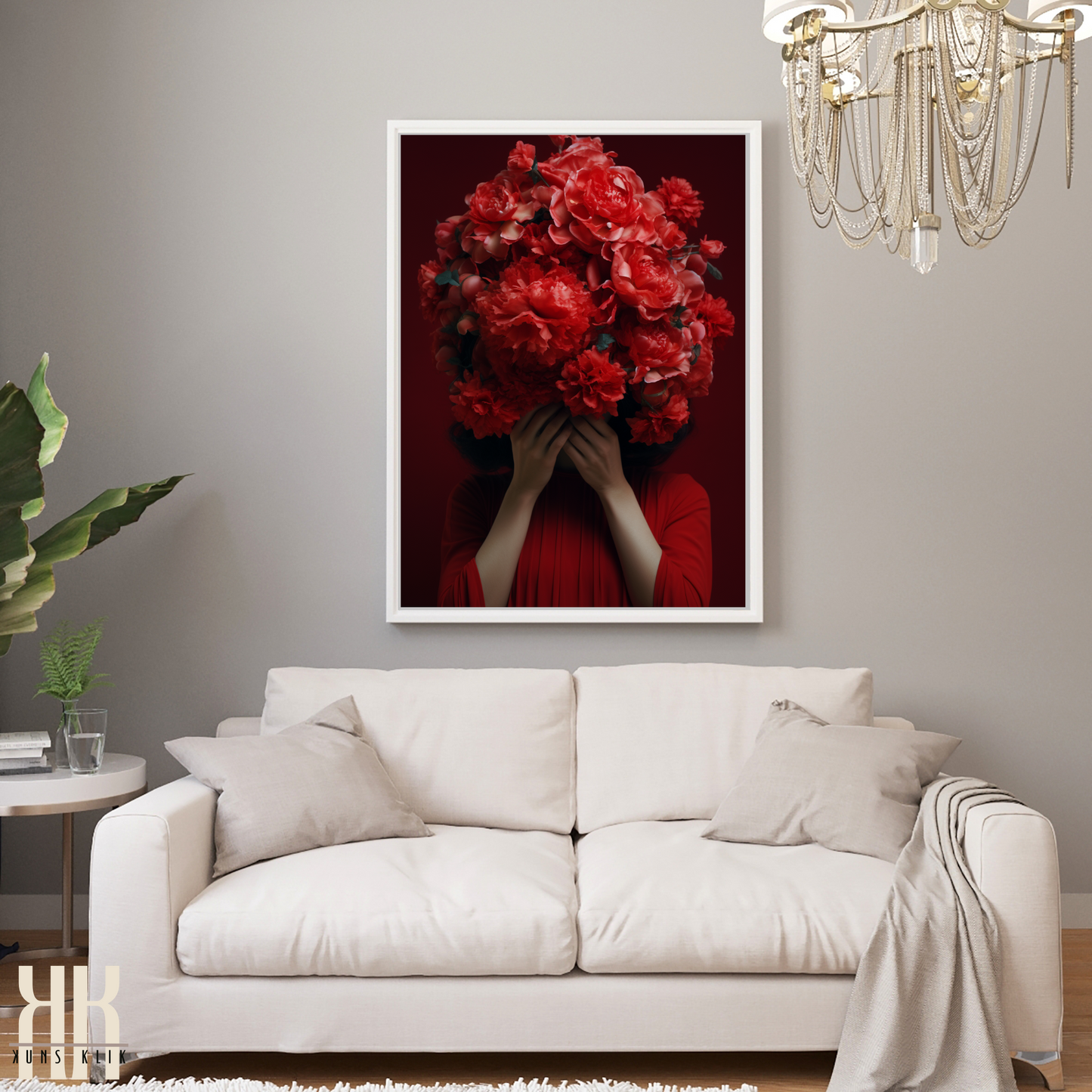 Woman Flower Bouquet Head Feminine Wall Art - Red 10