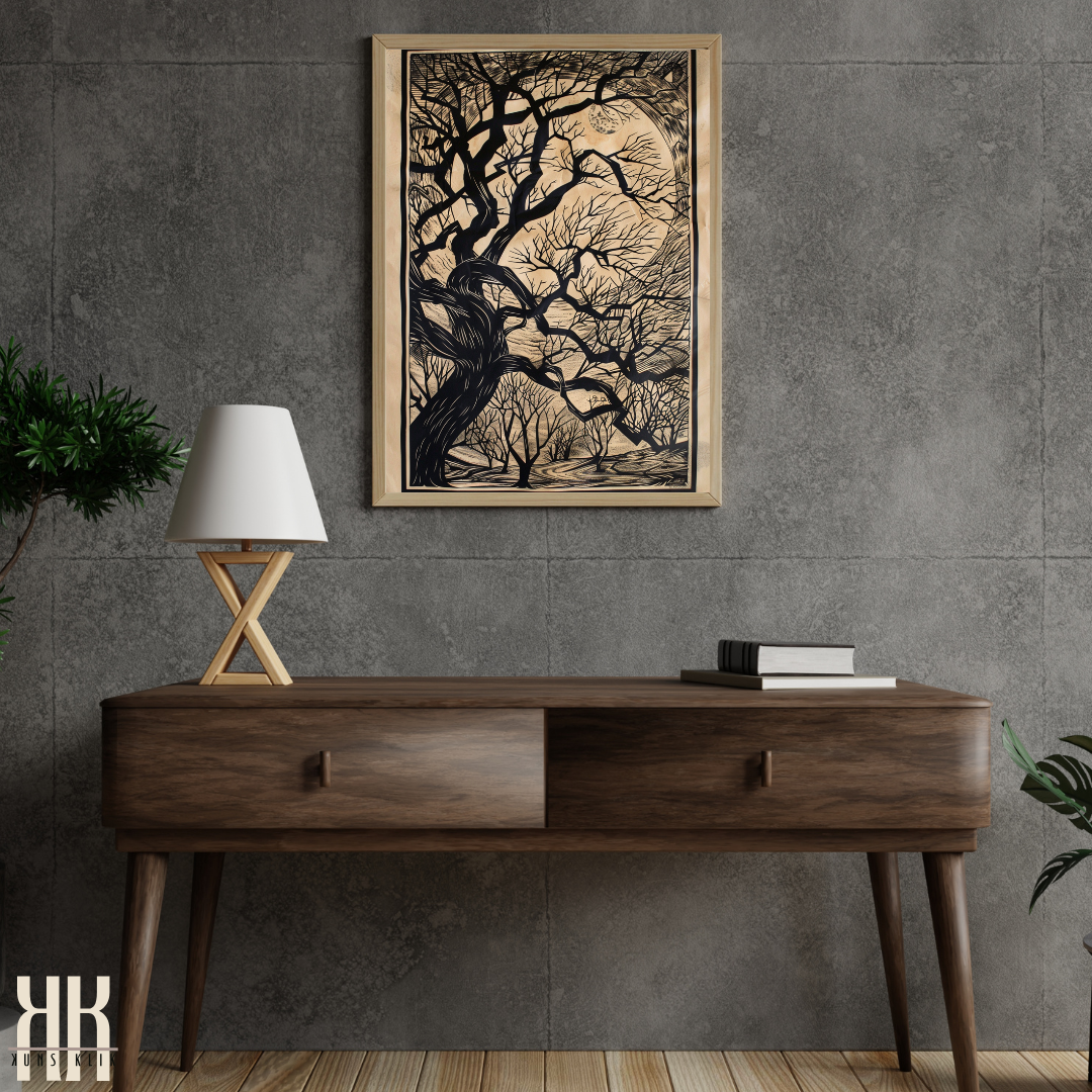 Dark Forest at Night Tree and Moon Black and White Vintage Print