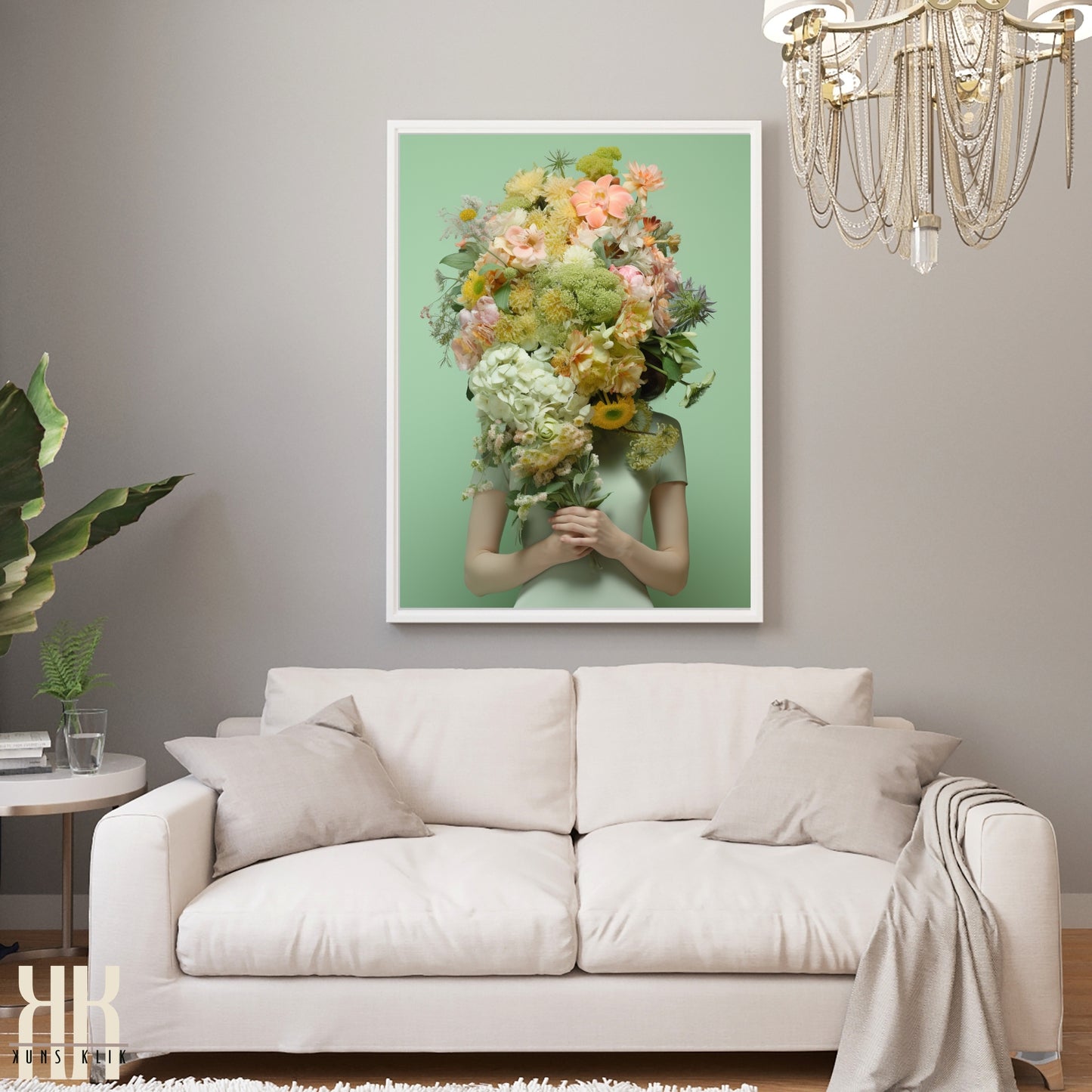 Woman Flower Bouquet Head Feminine Wall Art - Green 9