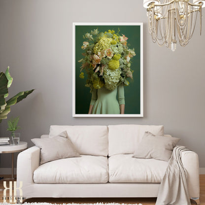 Woman Flower Bouquet Head Feminine Wall Art - Green 1