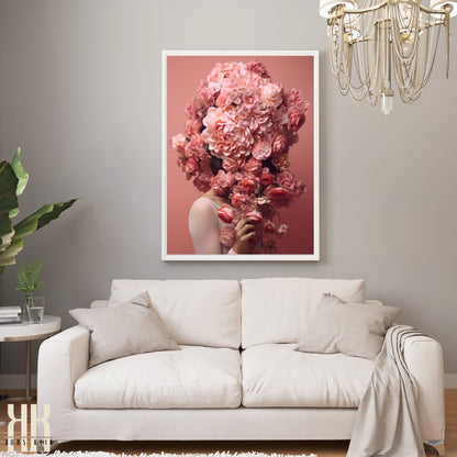 Woman Flower Bouquet Head Feminine Wall Art - Pink 2