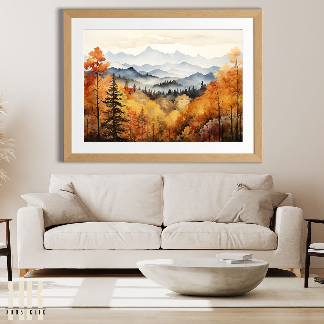 Misty Autumn Mountains Watercolor Painting