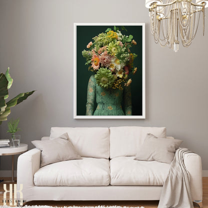 Woman Flower Bouquet Head Feminine Wall Art - Green 8