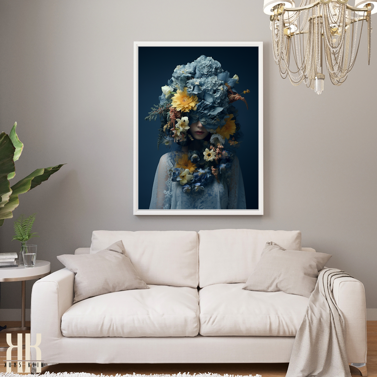 Woman Flower Bouquet Head Feminine Wall Art - Blue 8