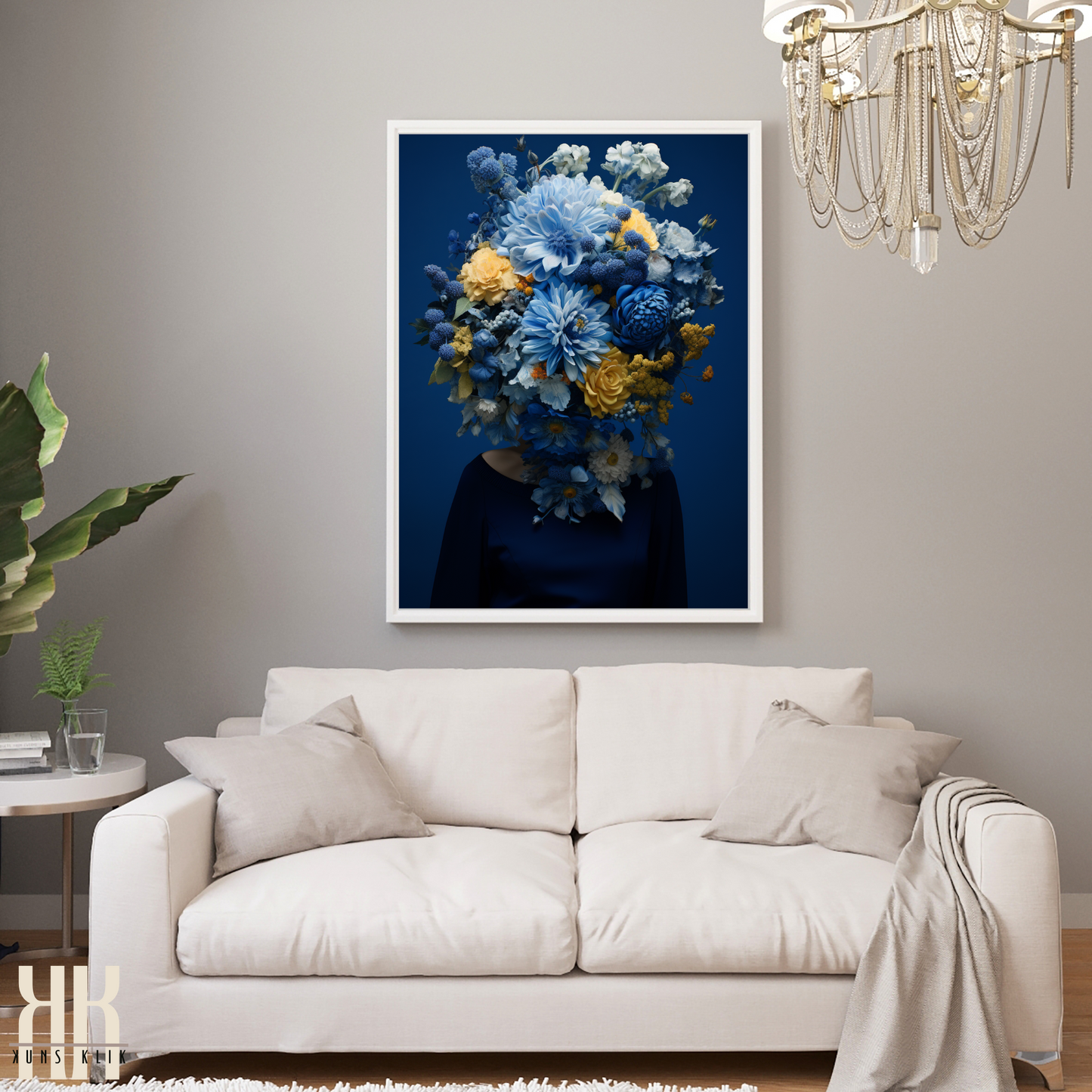 Woman Flower Bouquet Head Feminine Wall Art - Blue 11