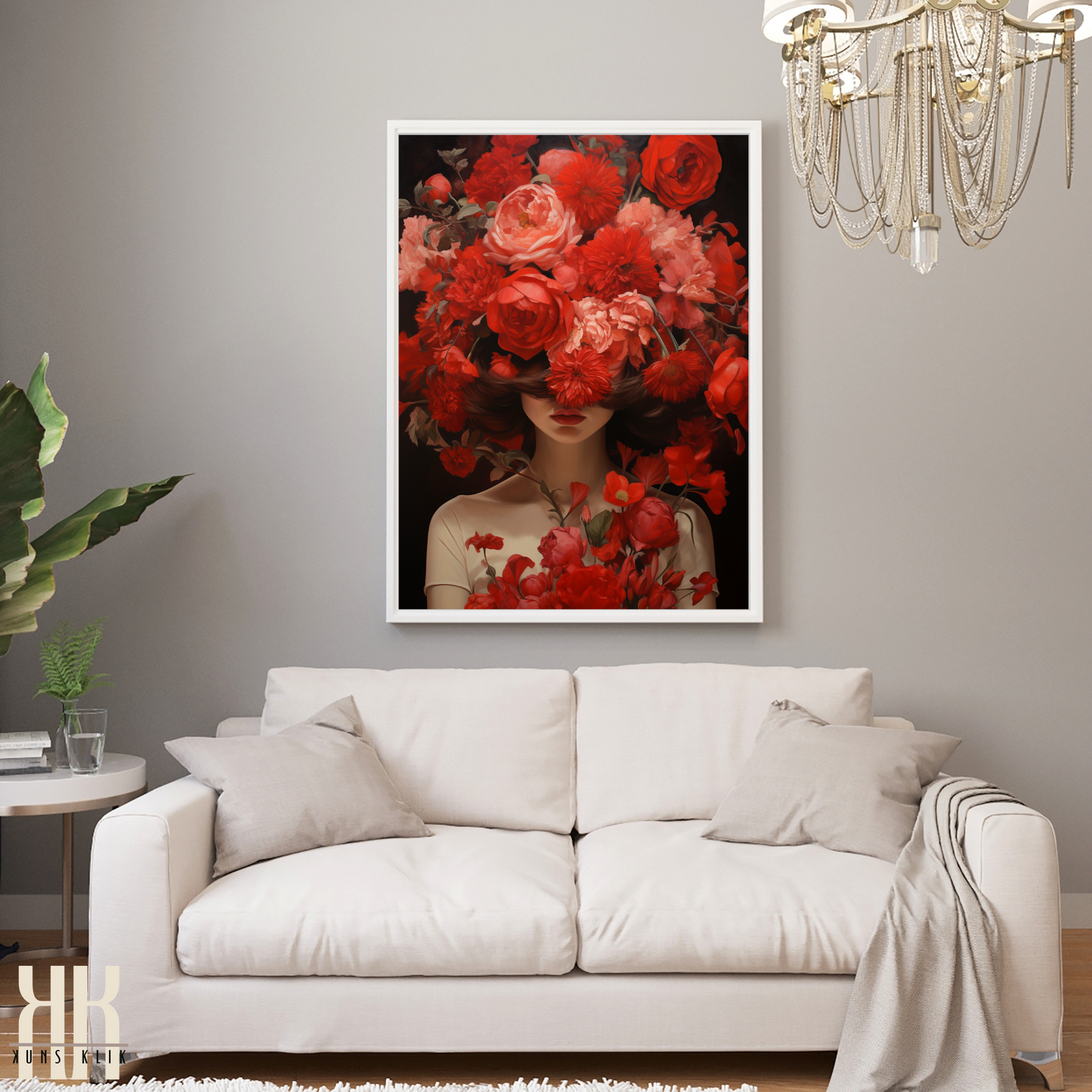 Woman Flower Bouquet Head Feminine Wall Art - Red 8